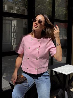 Kadın Gold Düğme Crop Pembe Keten Ceket 