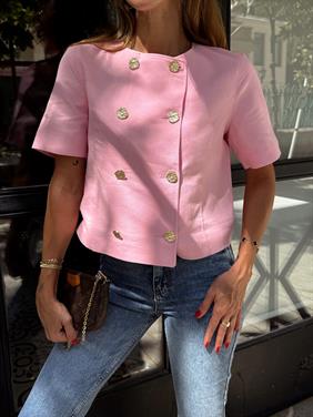 Kadın Gold Düğme Crop Pembe Keten Ceket 