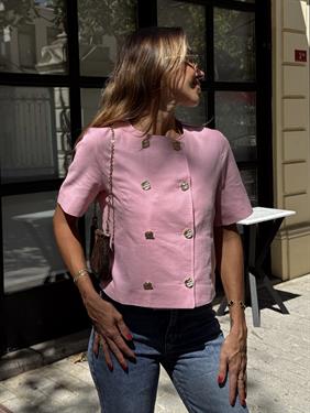 Kadın Gold Düğme Crop Pembe Keten Ceket 