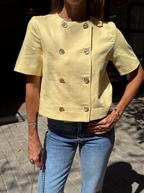 Kadın Gold Düğme Crop Sarı Keten Ceket 