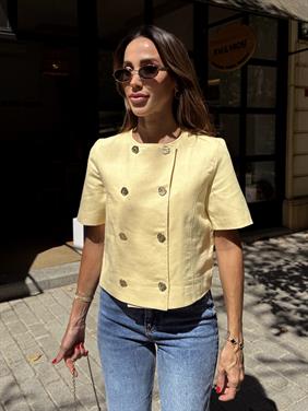 Kadın Gold Düğme Crop Sarı Keten Ceket 