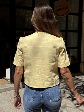 Kadın Gold Düğme Crop Sarı Keten Ceket 