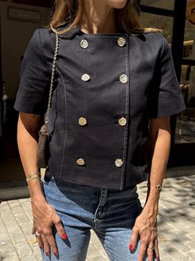 Kadın Gold Düğme Crop Siyah Keten Ceket 