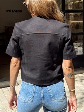 Kadın Gold Düğme Crop Siyah Keten Ceket 