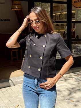 Kadın Gold Düğme Crop Siyah Keten Ceket 