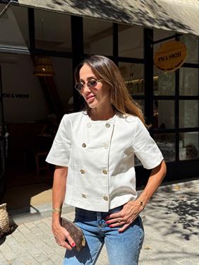 Kadın Gold Düğme Crop Taş Keten Ceket 