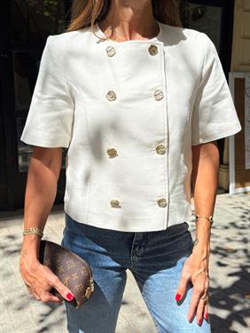 Kadın Gold Düğme Crop Taş Keten Ceket 