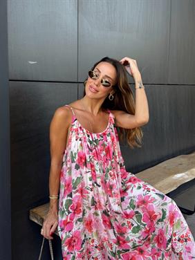 Kadın İp Askılı Çiçek Desenli Pembe Elbise