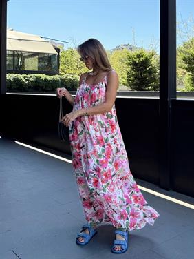 Kadın İp Askılı Çiçek Desenli Pembe Elbise