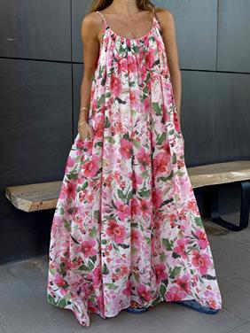 Kadın İp Askılı Çiçek Desenli Pembe Elbise