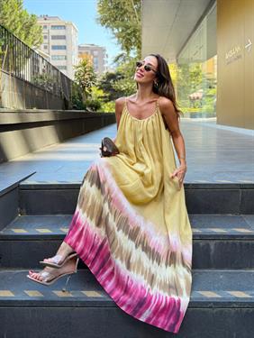 Kadın İp Askılı Çiçek Desenli Sarı Elbise