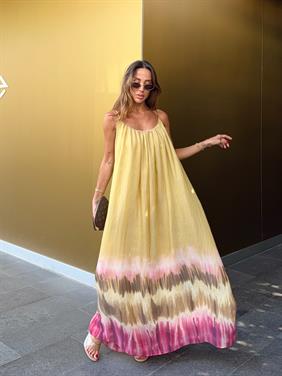 Kadın İp Askılı Çiçek Desenli Sarı Elbise