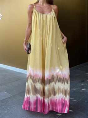 Kadın İp Askılı Çiçek Desenli Sarı Elbise