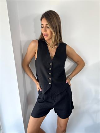 Kadın Keten Özel Tasarım Yelek Şort Alt Üst Siyah Takım