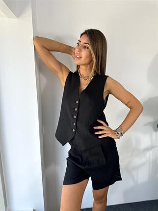 Kadın Keten Özel Tasarım Yelek Şort Alt Üst Siyah Takım