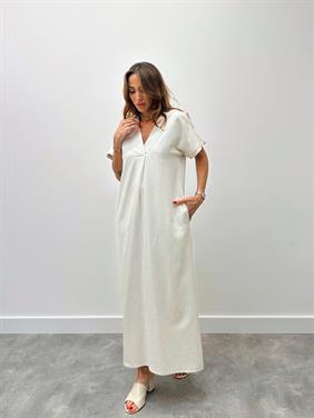 Kadın Keten V Yaka Krem Elbise