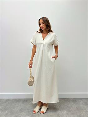 Kadın Keten V Yaka Krem Elbise