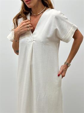 Kadın Keten V Yaka Krem Elbise