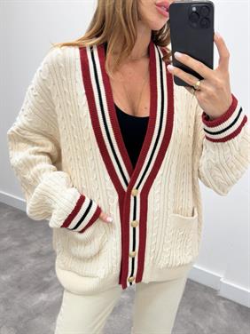 Kadın Kırmızı Şeritli Oversıze Örme Hırka