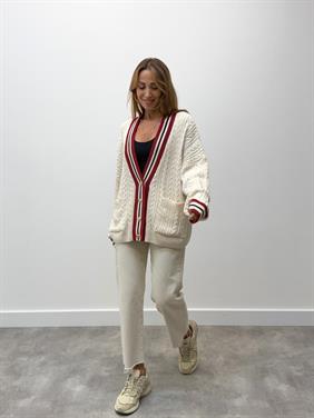 Kadın Kırmızı Şeritli Oversıze Örme Hırka