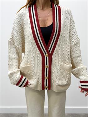 Kadın Kırmızı Şeritli Oversıze Örme Hırka