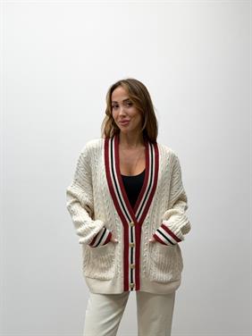 Kadın Kırmızı Şeritli Oversıze Örme Hırka