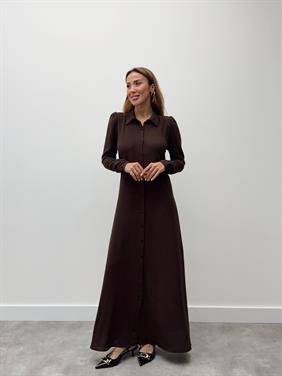 Kadın Kol Fermuarlı Düğmeli Maxi Kahverengi Elbise