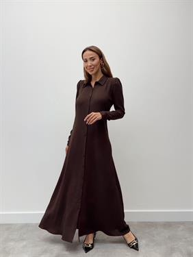 Kadın Kol Fermuarlı Düğmeli Maxi Kahverengi Elbise