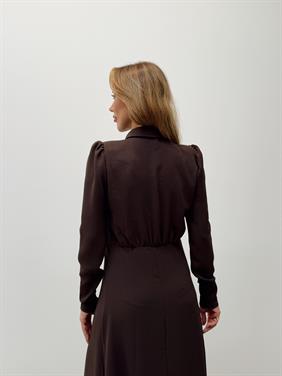 Kadın Kol Fermuarlı Düğmeli Maxi Kahverengi Elbise