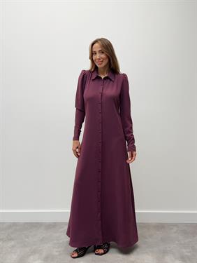 Kadın Kol Fermuarlı Düğmeli Maxi Mürdüm Elbise