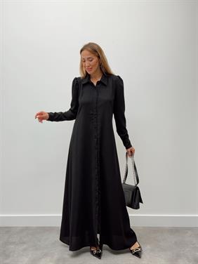 Kadın Kol Fermuarlı Düğmeli Maxi Siyah Elbise