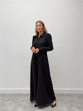 Kadın Kol Fermuarlı Düğmeli Maxi Siyah Elbise