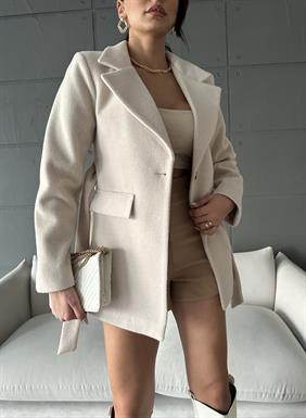 Kadın Kruvaze Yaka Kuşaklı Kaşe Kumaş Taş Kaban Ceket