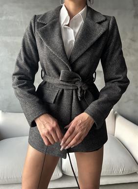 Kadın Kruvaze Yaka Kuşaklı Kaşe Kumaş Antrasit Kaban Ceket