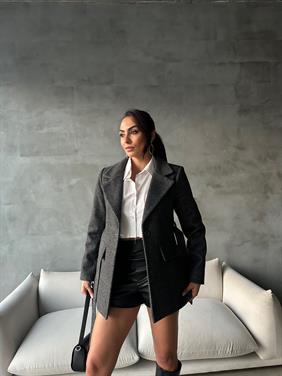 Kadın Kruvaze Yaka Kuşaklı Kaşe Kumaş Antrasit Kaban Ceket