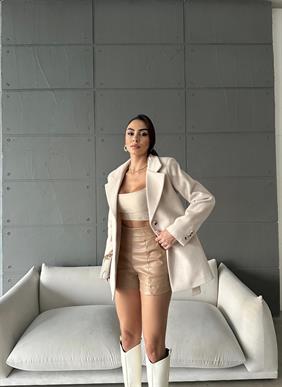 Kadın Kruvaze Yaka Kuşaklı Kaşe Kumaş Taş Kaban Ceket