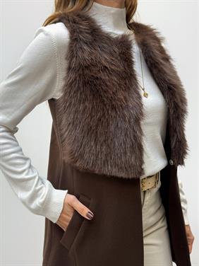 Kadın Kürk Detaylı Kaşe Kahverengi Yelek 