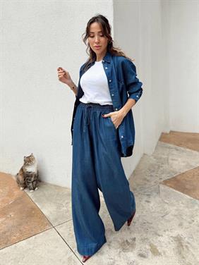 Kadın Mavi Denim Gömlek Pantolon Takım