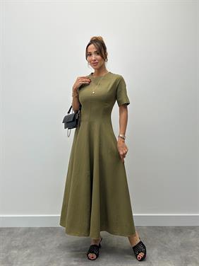 Kadın Maxi Boy Haki Keten Elbise