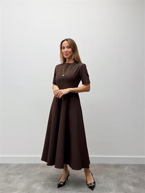 Kadın Maxi Boy Kloş Prenses Kahverengi Elbise