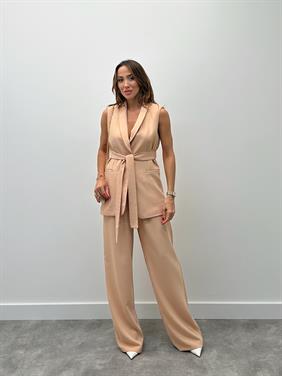 Kadın Mila Kuşaklı Yelek Palazzo Pantolon Yavruağzı Takım