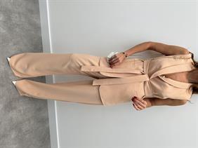 Kadın Mila Kuşaklı Yelek Palazzo Pantolon Yavruağzı Takım