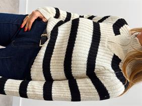 Kadın Ola Fermuarlı Dik Yaka Çizgili Triko Kazak