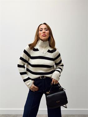 Kadın Ola Fermuarlı Dik Yaka Çizgili Triko Kazak