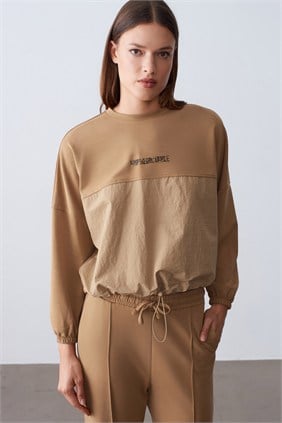 Kadın Paraşüt Detay Sweat Pantolon Sütlü Kahve Modal Takım