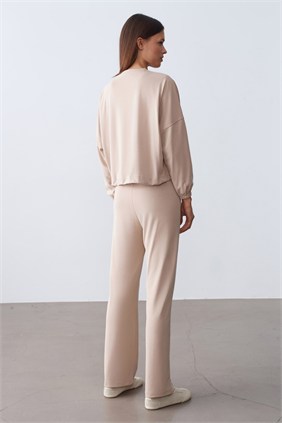 Kadın Paraşüt Detay Sweat Pantolon Vizon Modal Takım