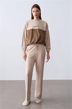 Kadın Paraşüt Detay Sweat Pantolon Vizon Modal Takım