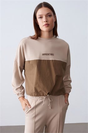 Kadın Paraşüt Detay Sweat Pantolon Vizon Modal Takım
