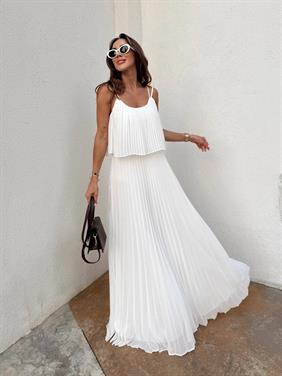 Kadın Pliseli Şifon Beyaz Elbise