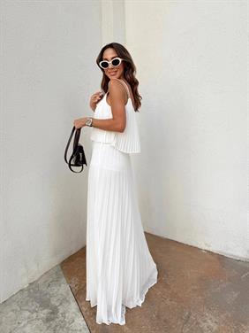 Kadın Pliseli Şifon Beyaz Elbise